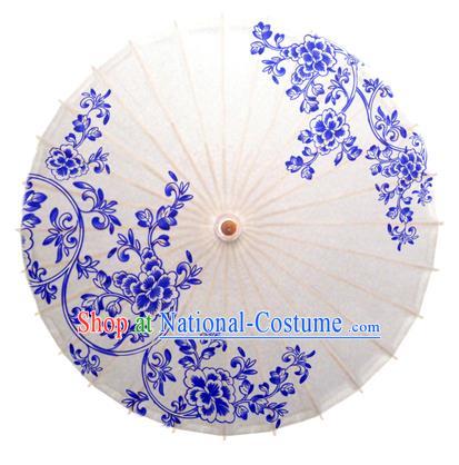 China Traditional Dance Handmade Umbrella Printing Blue Peony Flowers Oil-paper Umbrella Stage Performance Props Umbrellas