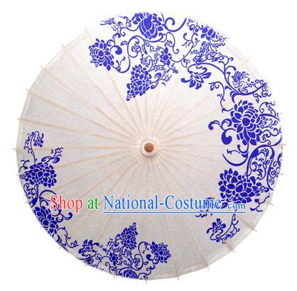 China Traditional Dance Handmade Umbrella Blue and White Porcelain Peony Oil-paper Umbrella Stage Performance Props Umbrellas