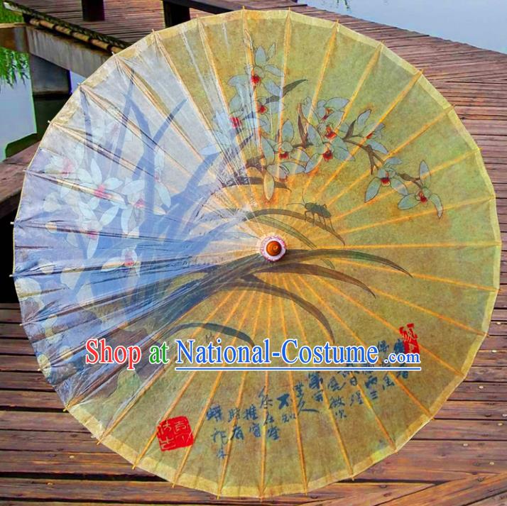 China Traditional Dance Handmade Umbrella Painting Orchid Yellow Oil-paper Umbrella Stage Performance Props Umbrellas