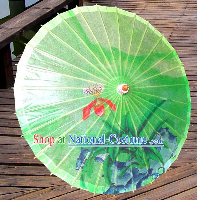 China Traditional Dance Handmade Umbrella Painting Phalaenopsis Green Oil-paper Umbrella Stage Performance Props Umbrellas