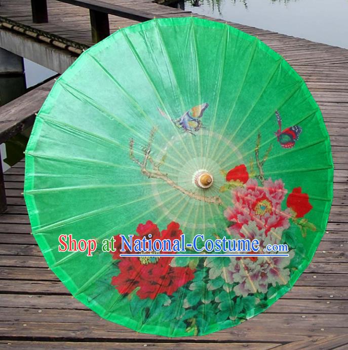 Handmade China Traditional Folk Dance Umbrella Painting Peony Green Oil-paper Umbrella Stage Performance Props Umbrellas