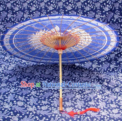 Handmade China Traditional Folk Dance Umbrella Painting Phoenix Blue Oil-paper Umbrella Stage Performance Props Umbrellas