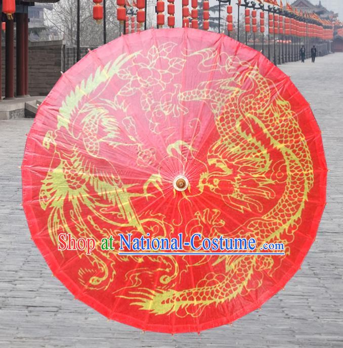 Handmade China Traditional Dance Umbrella Classical Printing Dragon Phoenix Wedding Red Oil-paper Umbrella Stage Performance Props Umbrellas