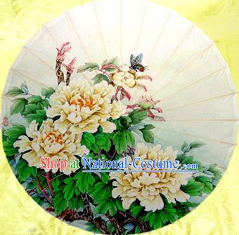 Handmade China Traditional Dance Umbrella Classical Painting Peony White Oil-paper Umbrella Stage Performance Props Umbrellas