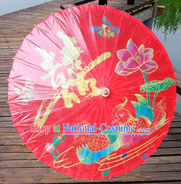 China Traditional Dance Handmade Umbrella Printing Mandarin Duck Red Wedding Oil-paper Umbrella Stage Performance Props Umbrellas