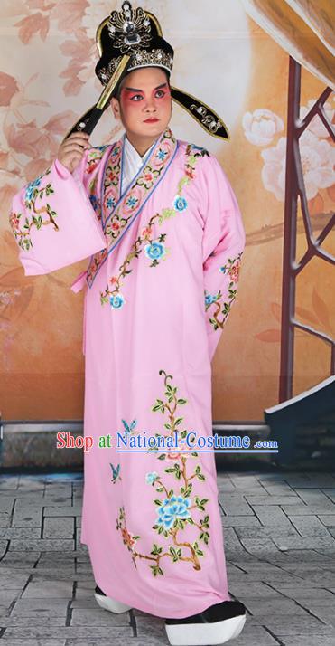 Chinese Beijing Opera Niche Costume Pink Embroidered Robe, China Peking Opera Scholar Embroidery Clothing