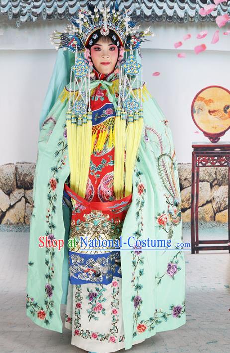 Chinese Beijing Opera Diva Costume Green Embroidered Cloak, China Peking Opera Actress Embroidery Mantle Clothing