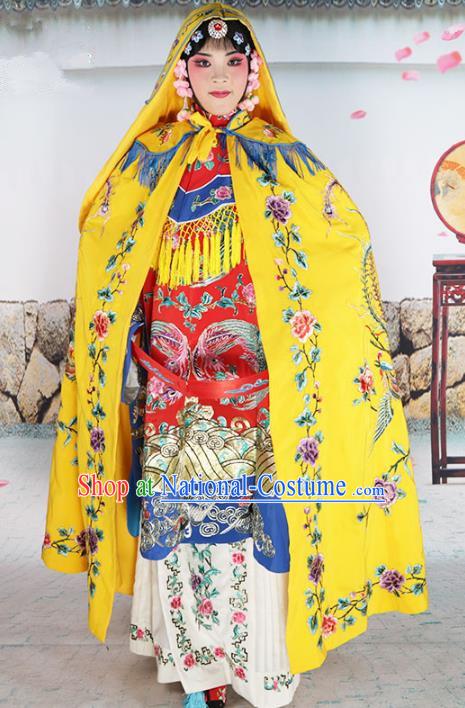 Chinese Beijing Opera Imperial Empress Costume Yellow Embroidered Cloak, China Peking Opera Actress Embroidery Mantle Clothing