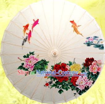 Handmade China Traditional Folk Dance Umbrella Painting Peony Fishes Oil-paper Umbrella Stage Performance Props Umbrellas