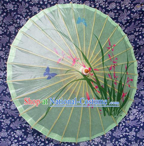 Handmade China Traditional Folk Dance Umbrella Painting Orchid Green Oil-paper Umbrella Stage Performance Props Umbrellas