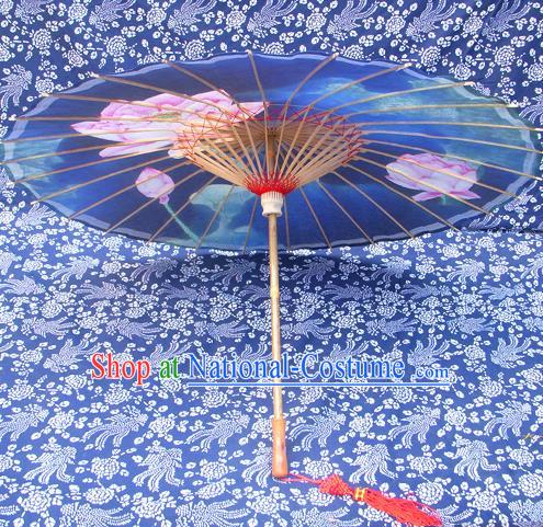 Handmade China Traditional Folk Dance Umbrella Ink Painting Lotus Blue Oil-paper Umbrella Stage Performance Props Umbrellas