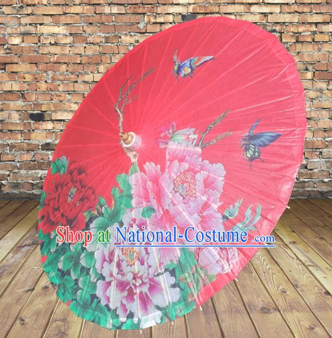 Handmade China Traditional Folk Dance Umbrella Painting Peony Bride Red Oil-paper Umbrella Stage Performance Props Umbrellas