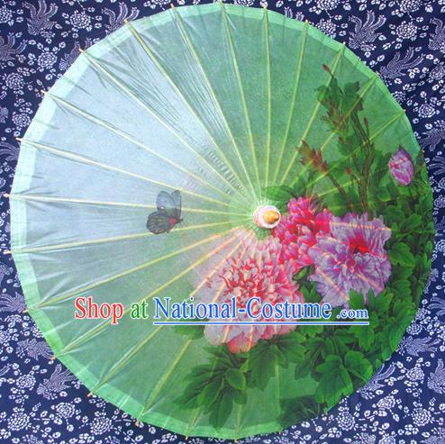 Handmade China Traditional Folk Dance Umbrella Painting Peony Flowers Green Oil-paper Umbrella Stage Performance Props Umbrellas