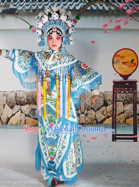 Chinese Beijing Opera Female General Embroidered White Costume, China Peking Opera Blues Embroidery Clothing