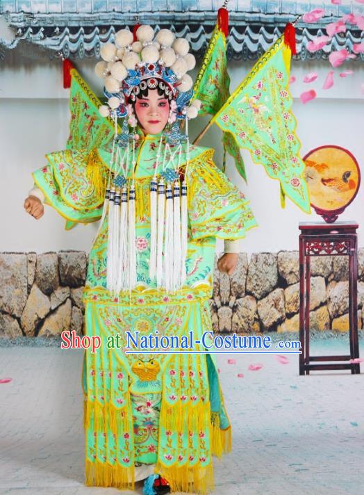 Chinese Beijing Opera Female General Embroidered Green Costume, China Peking Opera Blues Embroidery Clothing