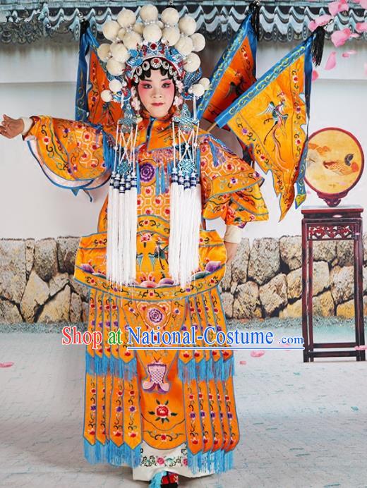 Chinese Beijing Opera Female General Embroidered Yellow Costume, China Peking Opera Blues Embroidery Clothing