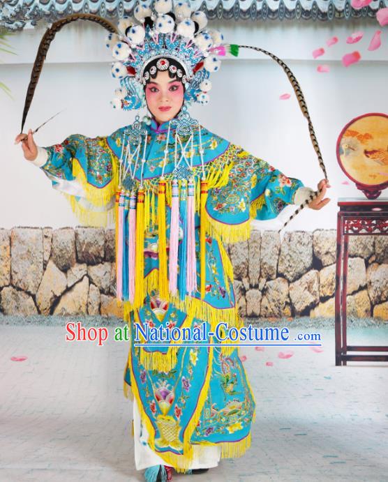 Chinese Beijing Opera Female General Embroidered Blue Costume, China Peking Opera Blues Embroidery Clothing