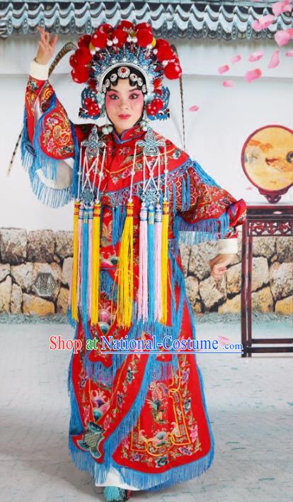 Chinese Beijing Opera Martial Lady Embroidered Red Costume, China Peking Opera Blues Embroidery Clothing