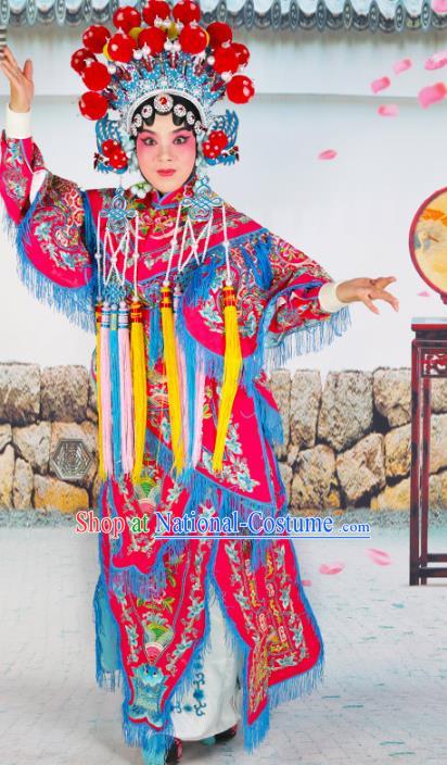 Chinese Beijing Opera Martial Lady Embroidered Rosy Costume, China Peking Opera Blues Embroidery Clothing