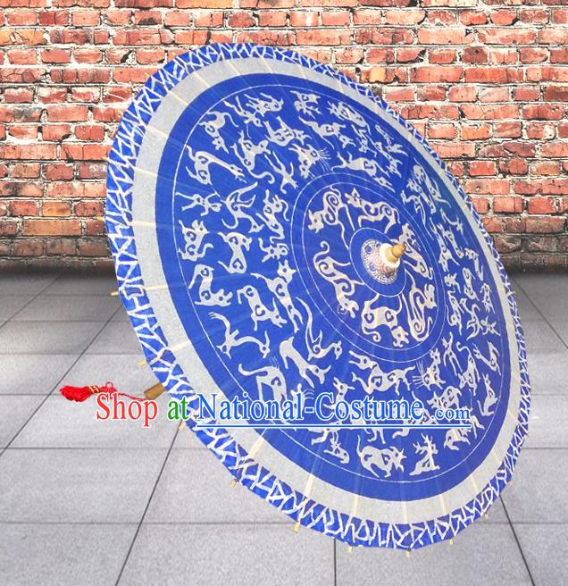 Handmade China Traditional Folk Dance Umbrella Printing Dragon Blue Oil-paper Umbrella Stage Performance Props Umbrellas