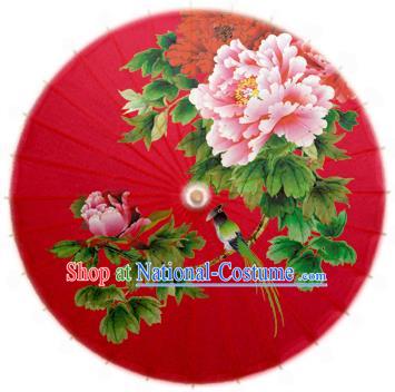 Handmade China Traditional Folk Dance Umbrella Printing Peony Red Oil-paper Umbrella Stage Performance Props Umbrellas