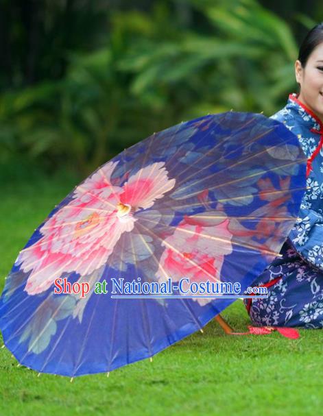 China Traditional Folk Dance Umbrella Hand Painting Peony Blue Oil-paper Umbrella Stage Performance Props Umbrellas