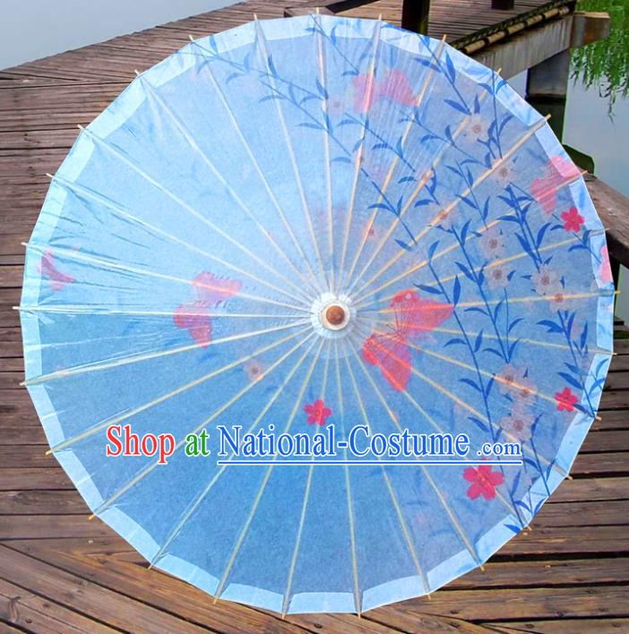 China Traditional Folk Dance Umbrella Hand Painting Flowers Blue Oil-paper Umbrella Stage Performance Props Umbrellas