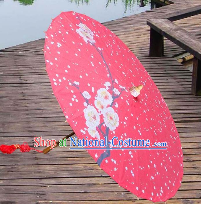 China Traditional Folk Dance Umbrella Hand Painting Plum Blossom Red Wedding Oil-paper Umbrella Stage Performance Props Umbrellas