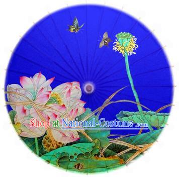 China Traditional Folk Dance Paper Umbrella Hand Painting Lotus Blue Oil-paper Umbrella Stage Performance Props Umbrellas