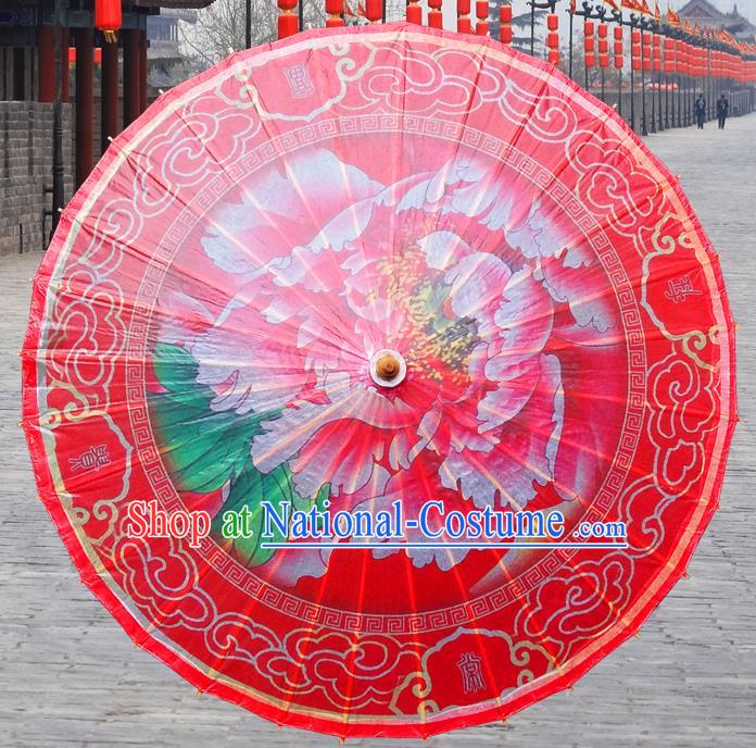 China Traditional Folk Dance Paper Umbrella Hand Painting Peony Wedding Red Oil-paper Umbrella Stage Performance Props Umbrellas