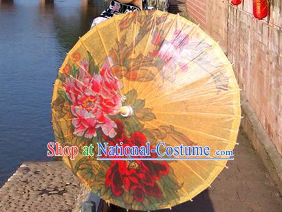 China Traditional Folk Dance Paper Umbrella Hand Painting Peony Yellow Oil-paper Umbrella Stage Performance Props Umbrellas