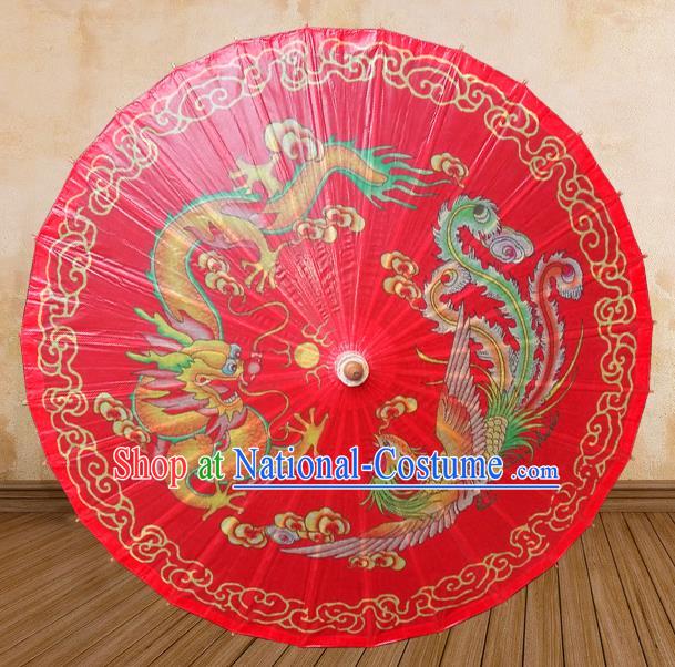 China Traditional Folk Dance Paper Umbrella Hand Painting Dragon Phoenix Red Oil-paper Umbrella Stage Performance Props Umbrellas