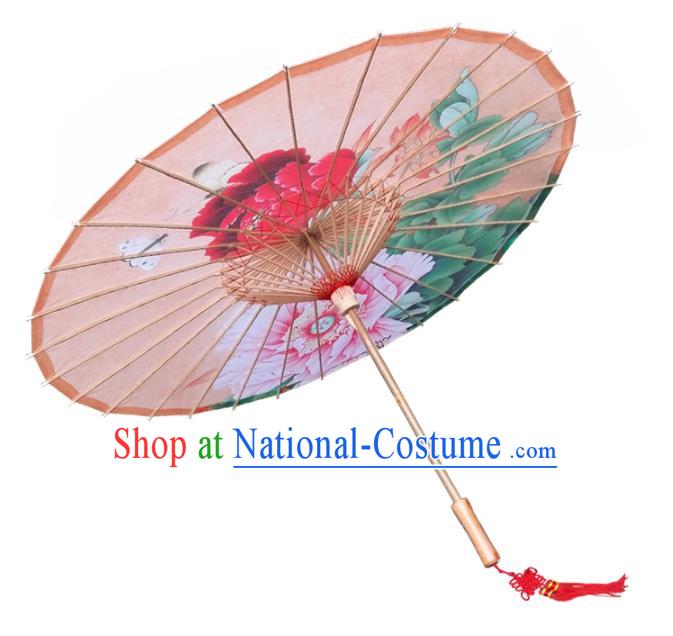 China Traditional Folk Dance Paper Umbrella Hand Painting Peony Orange Oil-paper Umbrella Stage Performance Props Umbrellas