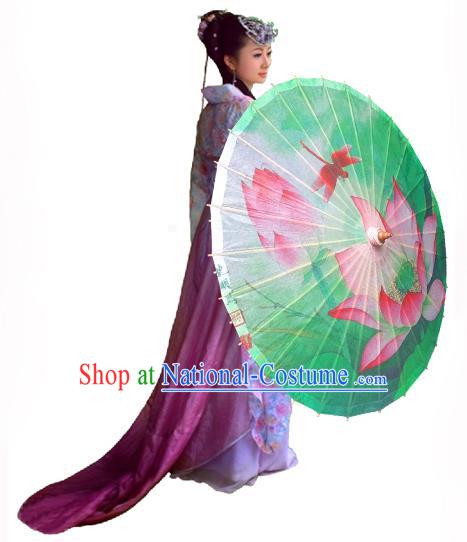 Handmade China Traditional Folk Dance Umbrella Stage Performance Props Umbrellas Painting Lotus Green Oil-paper Umbrella