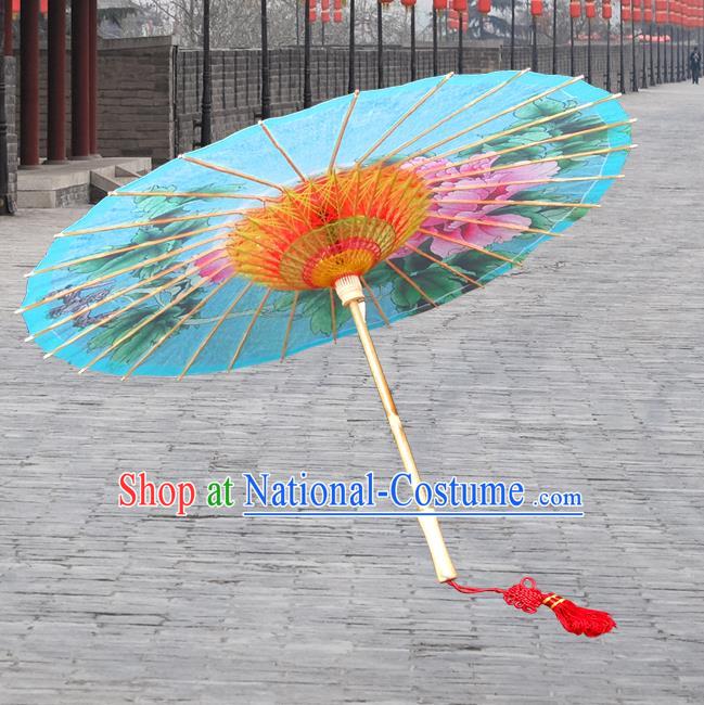 Handmade China Traditional Folk Dance Umbrella Stage Performance Props Umbrellas Printing Peony Blue Oil-paper Umbrella