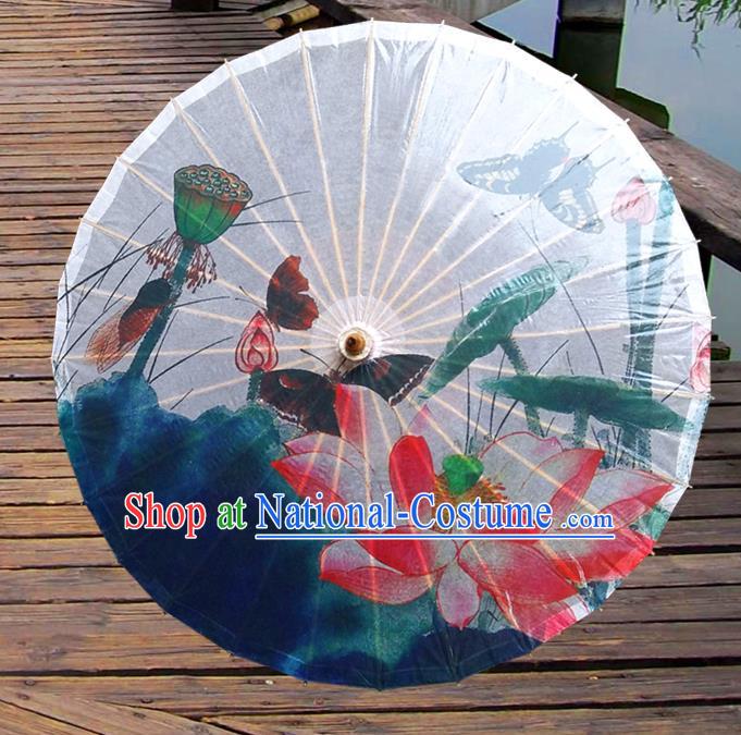 Handmade China Traditional Folk Dance Umbrella Stage Performance Props Umbrellas Printing Lotus Butterfly Oil-paper Umbrella