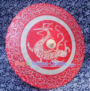 Handmade China Traditional Folk Dance Umbrella Stage Performance Props Umbrellas Printing Dragon Red Oil-paper Umbrella