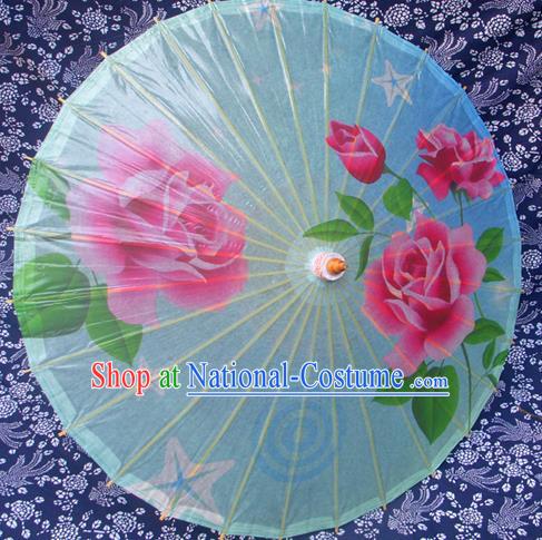 Handmade China Traditional Folk Dance Umbrella Stage Performance Props Umbrellas Printing Rose Blue Oil-paper Umbrella