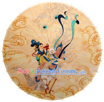 Handmade China Traditional Folk Dance Umbrella Stage Performance Props Umbrellas Printing Apsara Crane Oil-paper Umbrella