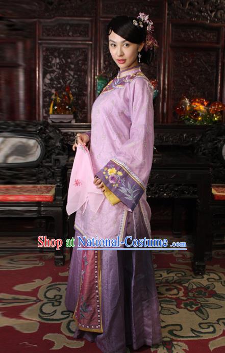 Traditional Chinese Ancient Qing Dynasty Young Mistress Embroidered Purple Xiuhe Suit Clothing for Women