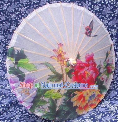 Handmade China Traditional Folk Dance Umbrella Stage Performance Props Umbrellas Printing Peony White Oil-paper Umbrella