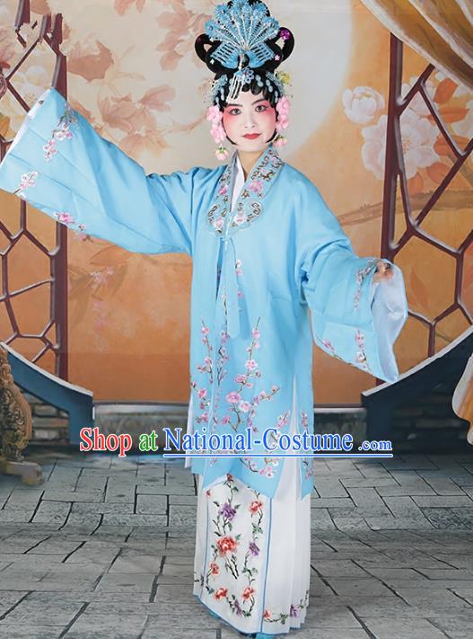 Chinese Beijing Opera Actress Princess Embroidered Blue Costume, China Peking Opera Diva Embroidery Wintersweet Clothing