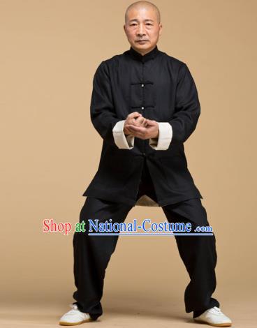 Top Grade Chinese Kung Fu Black Costume, China Martial Arts Tai Ji Training Uniform Gongfu Wushu Clothing for Men