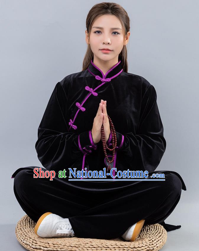 Top Grade Chinese Kung Fu Black Velvet Costume China Martial Arts Training Uniform Tai Ji Wushu Clothing for Women