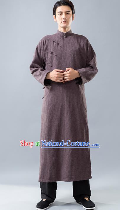 Top Grade Chinese Kung Fu Costume, China Martial Arts Tai Ji Training Uniform Gongfu Brown Long Robe for Men