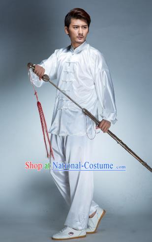 Top Grade Chinese Kung Fu White Costume, China Martial Arts Tai Ji Training Uniform Gongfu Clothing for Men