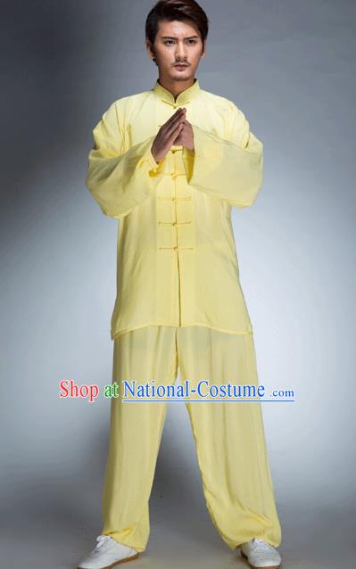 Top Grade Chinese Kung Fu Plated Buttons Costume, China Martial Arts Tai Ji Training Yellow Uniform Gongfu Clothing for Men