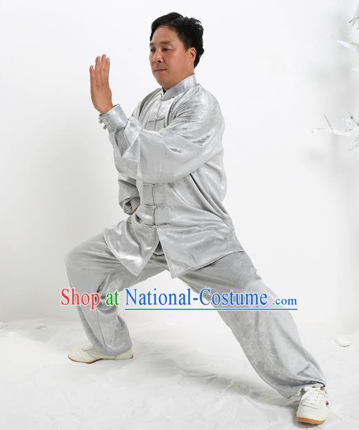 Top Grade Chinese Kung Fu Grey Silk Costume, China Martial Arts Tai Ji Training Uniform Gongfu Clothing for Men