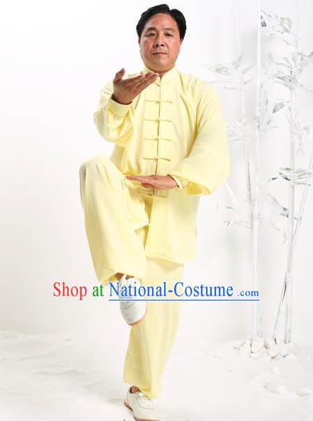 Top Grade Chinese Kung Fu Costume Tai Ji Training Yellow Uniform, China Martial Arts Gongfu Clothing for Men