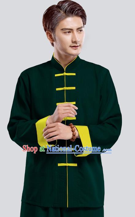 Top Grade Chinese Kung Fu Costume Tai Ji Training Green Uniform, China Martial Arts Tang Suit Gongfu Clothing for Men